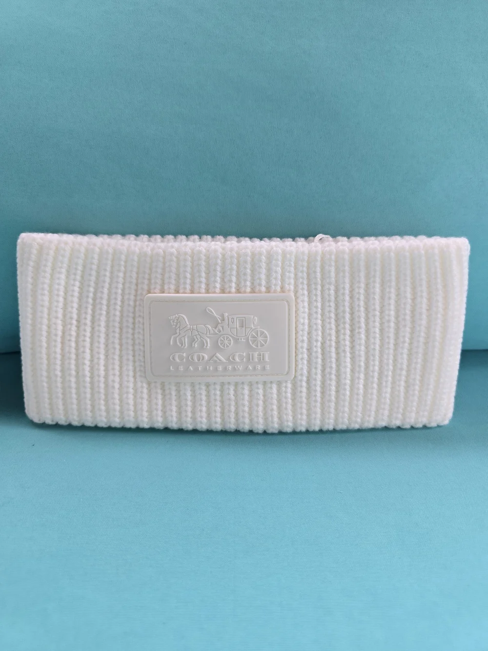 Coach Cream Ribbed Knit Logo Patch Headband